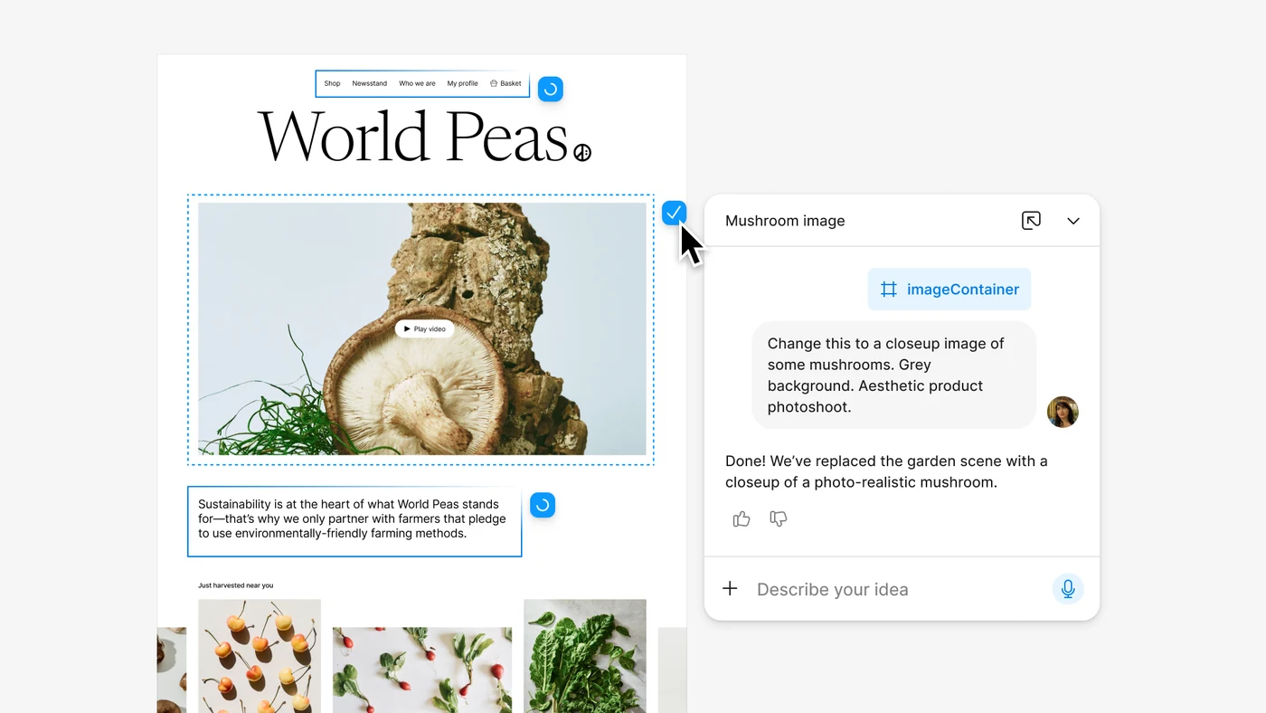 Макет страницы World Peas с фото грибов, справа панель агента: пользователь просит заменить картинку на крупный план грибов, агент отвечает, что заменил