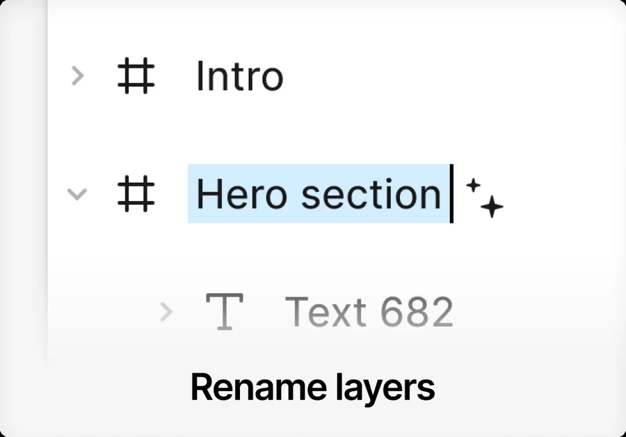 Панель слоёв: фрейм Intro, под ним фрейм, переименованный в Hero section, и ещё не переименованный текстовый слой Text 682