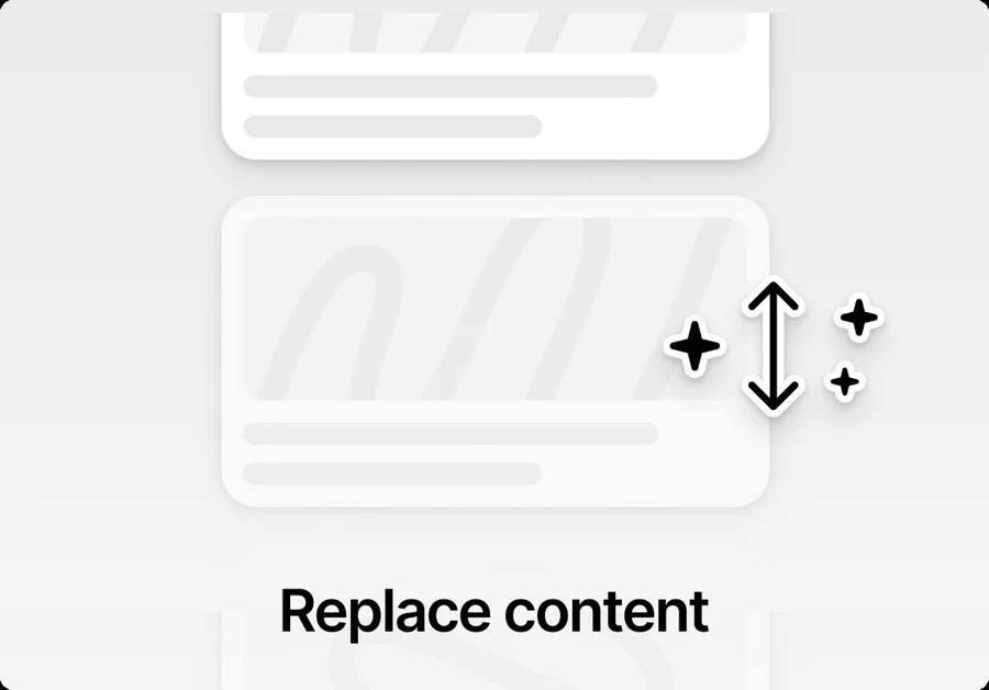 Карточка функции Replace content: три одинаковые карточки-заглушки и значок замены с искрами