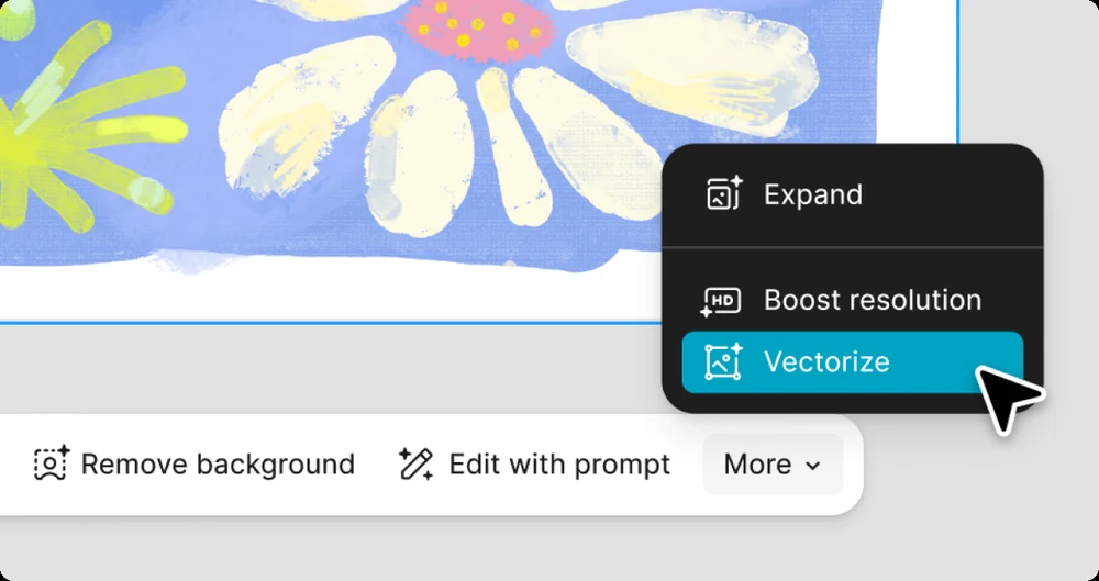 Панель над выделенной картинкой с цветами: Remove background, Edit with prompt и меню More с пунктами Expand, Boost resolution и Vectorize