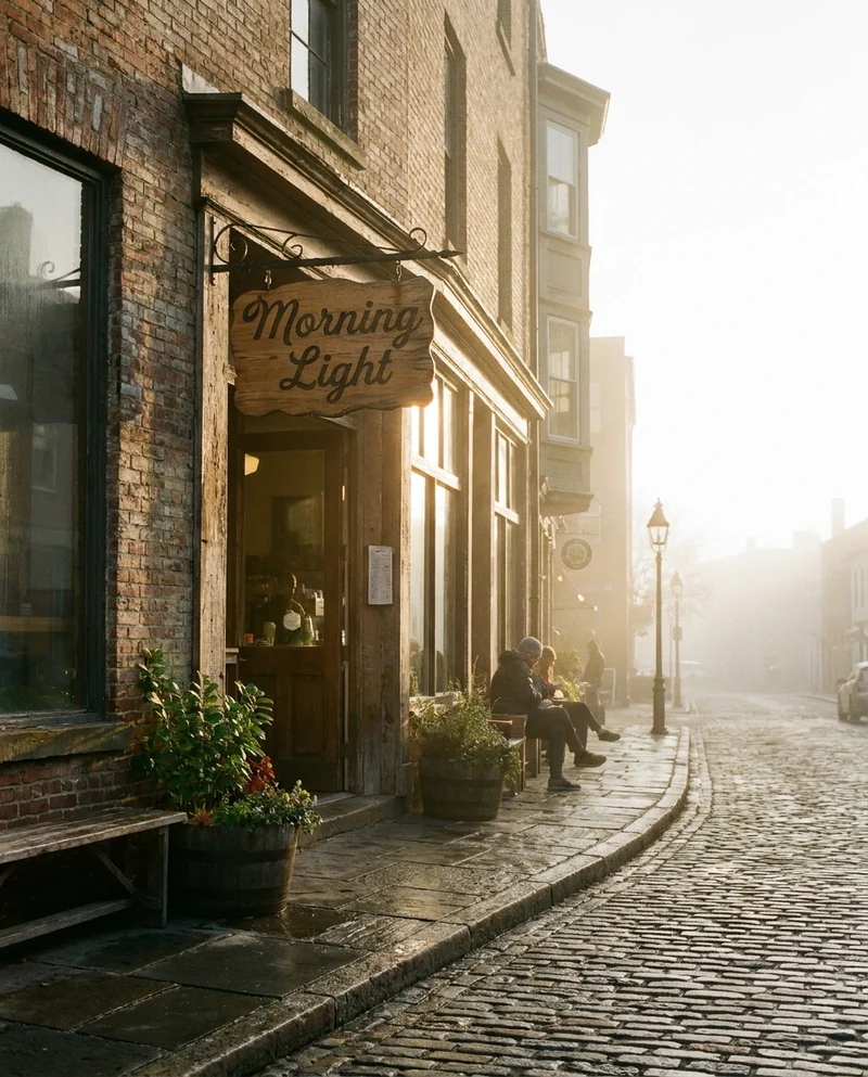 Кирпичное здание с кофейней на мощёной улице, на вывеске курсивом «Morning Light», утренний туман