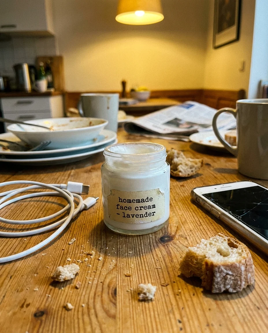 Любительское фото баночки крема с этикеткой «homemade face cream lavender» на деревянном кухонном столе: рядом крошки хлеба, телефон, провод зарядки и кружка, жёлтый свет лампы.