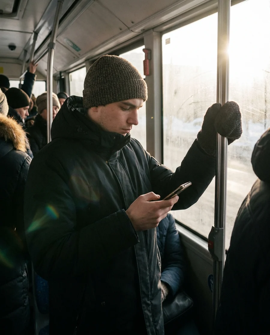 Молодой человек в шапке стоит в переполненном зимнем автобусе, рукой в перчатке держится за поручень, в другой руке держит телефон и смотрит в экран, в окно бьёт низкое солнце
