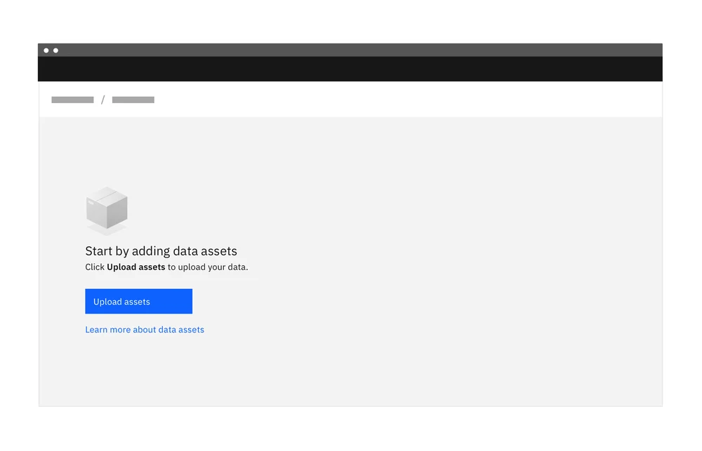 Пустая страница с иконкой, заголовком «Start by adding data assets», пояснением и синей кнопкой Upload assets