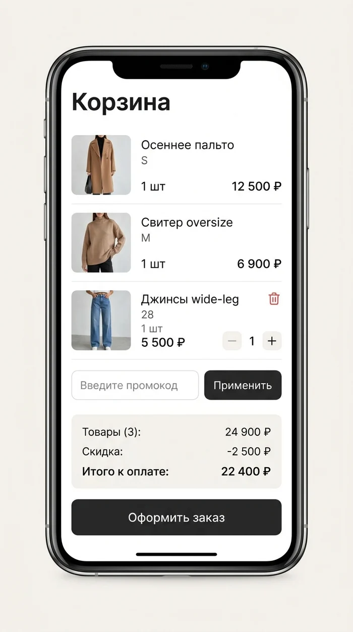 Сгенерированная картинка телефона с экраном корзины: пальто, свитер и джинсы с фото, поле промокода, итог 22 400 рублей и тёмная кнопка «Оформить заказ». Счётчик количества и иконка удаления есть только у джинсов.