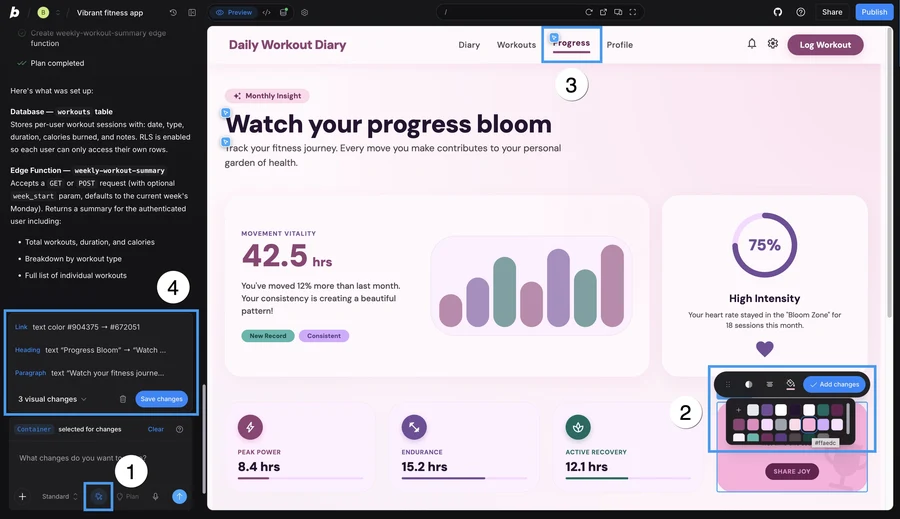 Интерфейс bolt.new: слева чат, справа превью сгенерированного приложения дневника тренировок с режимом визуальной правки