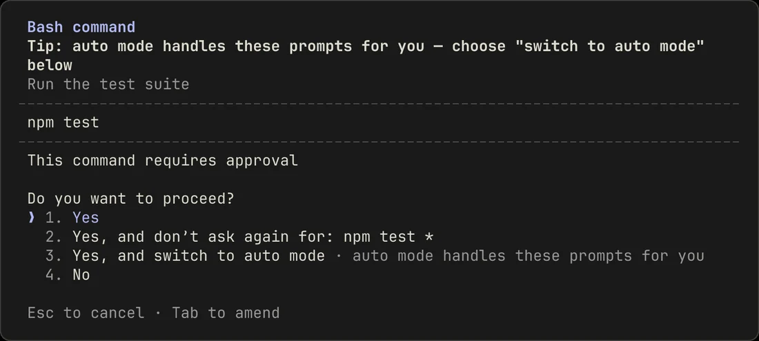 Терминал с Claude Code: агент хочет выполнить команду npm test и спрашивает «Do you want to proceed?» с вариантами Yes, Yes and don't ask again, Yes and switch to auto mode и No