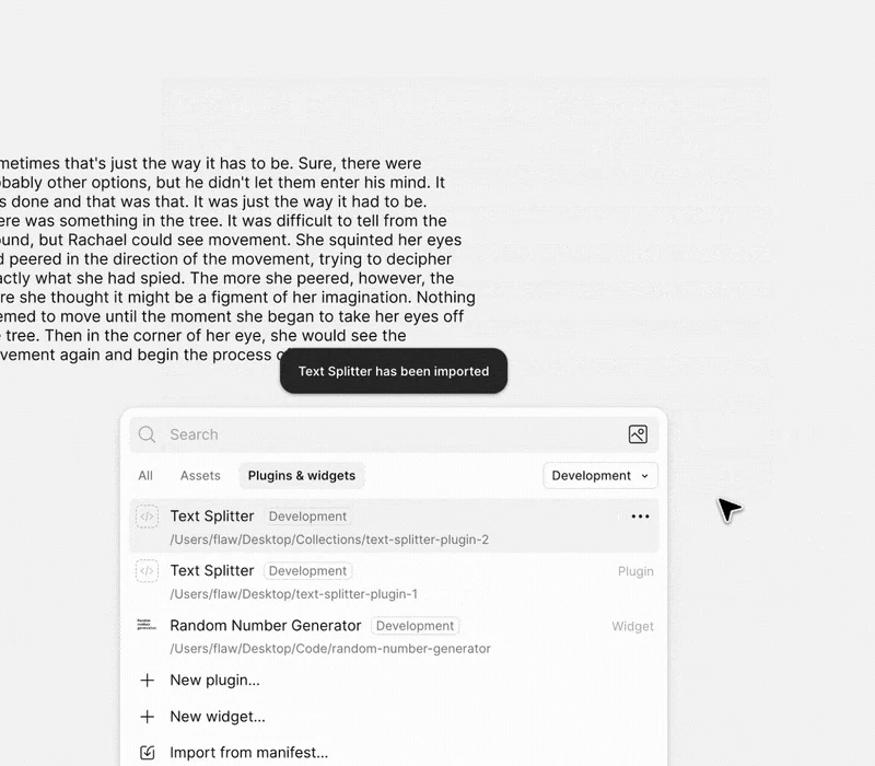 Уведомление «Text Splitter has been imported» и список плагинов с фильтром Development и пунктом Import from manifest