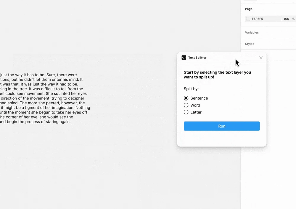 Окно собранного плагина Text Splitter поверх текста на канвасе: выбор Sentence, Word или Letter и кнопка Run