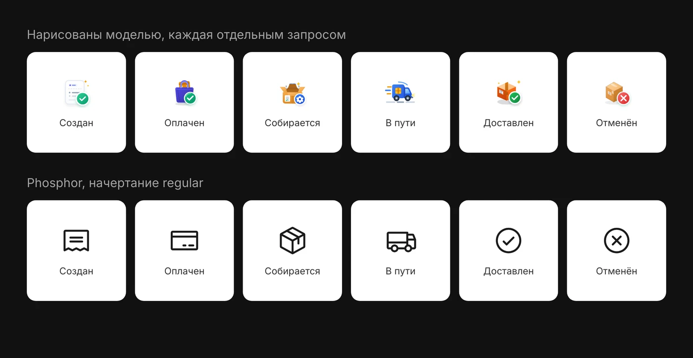 Два ряда по шесть иконок статусов заказа: создан, оплачен, собирается, в пути, доставлен, отменён. Сверху иконки, нарисованные моделью по отдельности: разноцветные мини-иллюстрации с бейджами разного размера. Снизу те же статусы из Phosphor: одинаковая тонкая чёрная линия.
