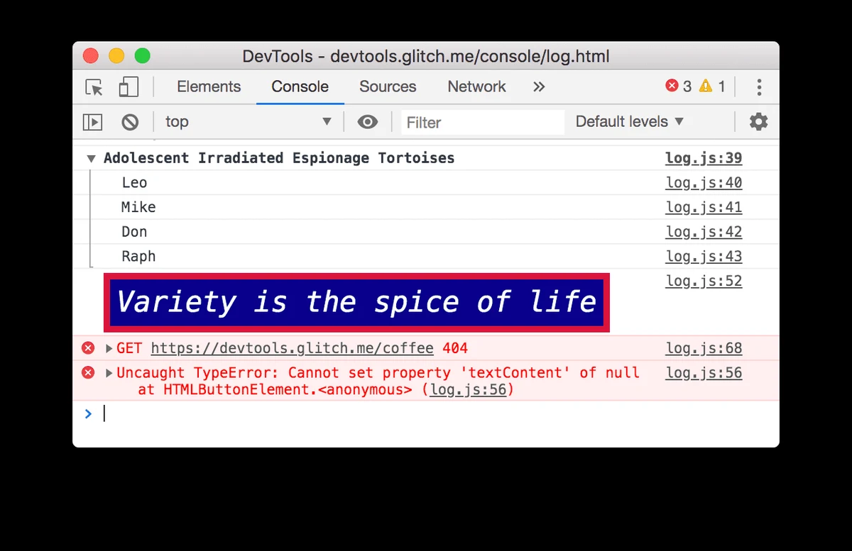 Окно Chrome DevTools с вкладками Elements, Console, Sources и Network. Открыта Console: обычные строки лога и две красные ошибки — 404 при загрузке файла и Uncaught TypeError со ссылкой на строку кода