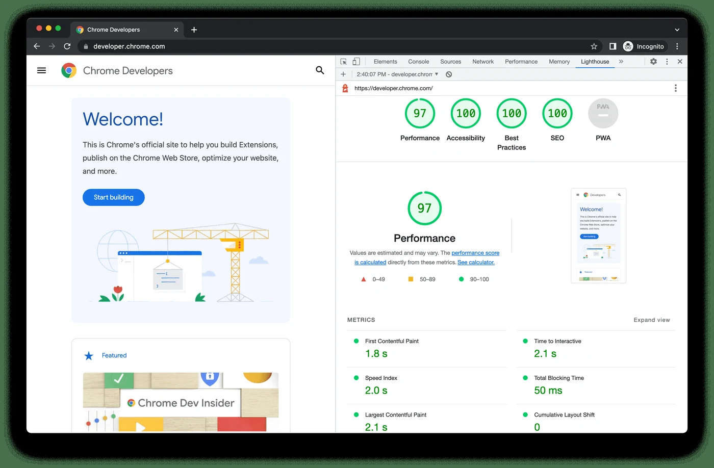 Chrome с открытой панелью DevTools на вкладке Lighthouse: четыре круглые оценки, ниже блок Metrics с First Contentful Paint, Largest Contentful Paint, Total Blocking Time, Cumulative Layout Shift и Speed Index