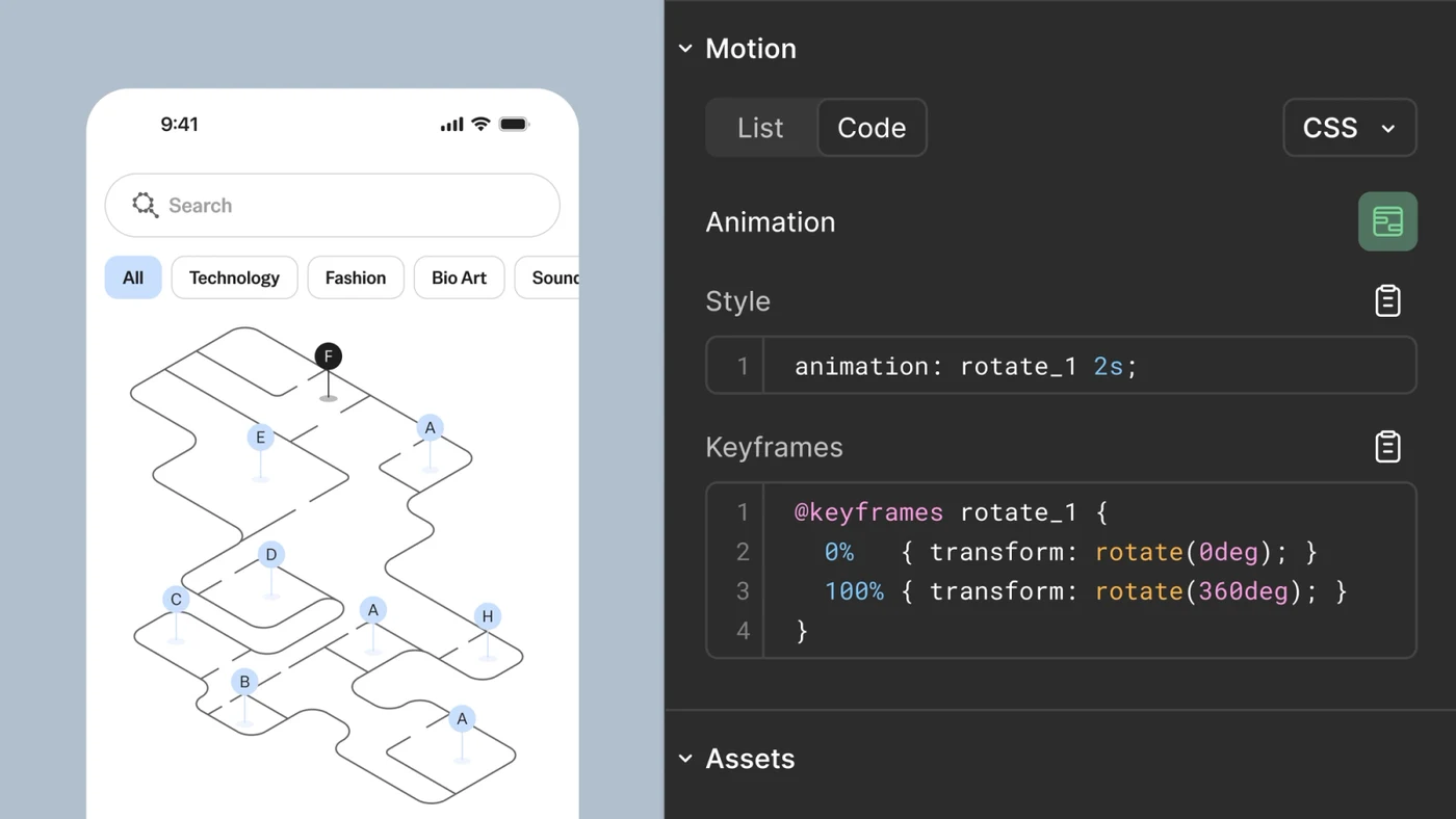 Слева мобильный экран с изометрической картой и метками, справа панель Motion в Dev Mode: переключатель List/Code, выбран CSS, блок Style с строкой animation: rotate_1 2s и блок Keyframes с @keyframes rotate_1 от rotate(0deg) до rotate(360deg).