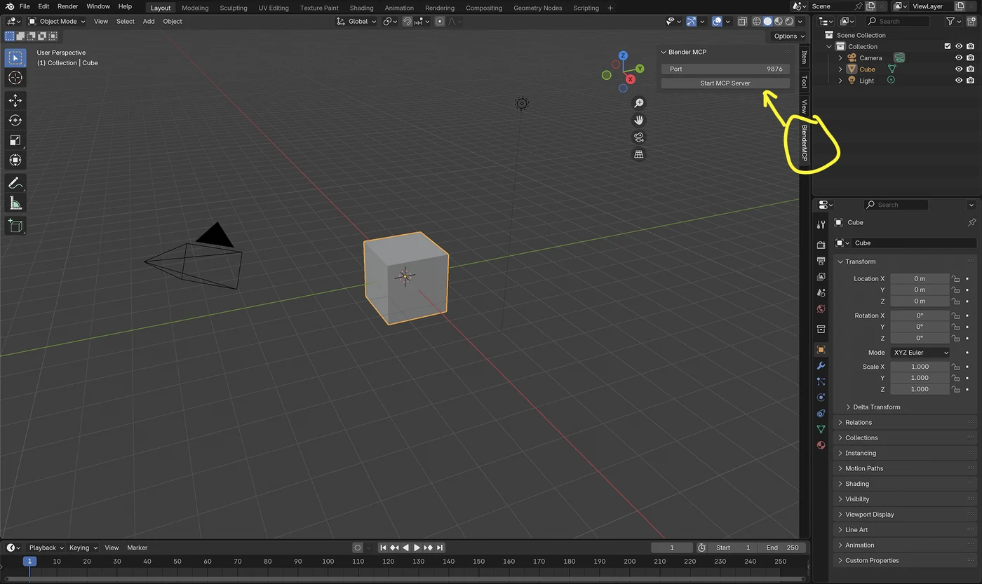 Окно Blender 4.3 со стандартным кубом, камерой и лампой. В боковой панели 3D-вида открыта вкладка BlenderMCP с полем Port 9876 и кнопкой Start MCP Server, вкладка обведена жёлтым маркером.