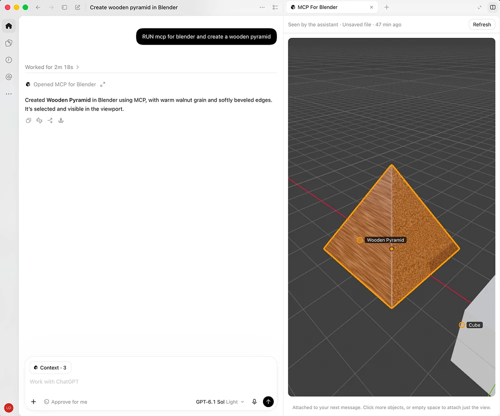 Слева окно Codex с запросом «RUN mcp for blender and create a wooden pyramid» и ответом «Created Wooden Pyramid in Blender using MCP, with warm walnut grain and softly beveled edges». Справа вьюпорт Blender с деревянной пирамидой, выделенной оранжевым контуром.