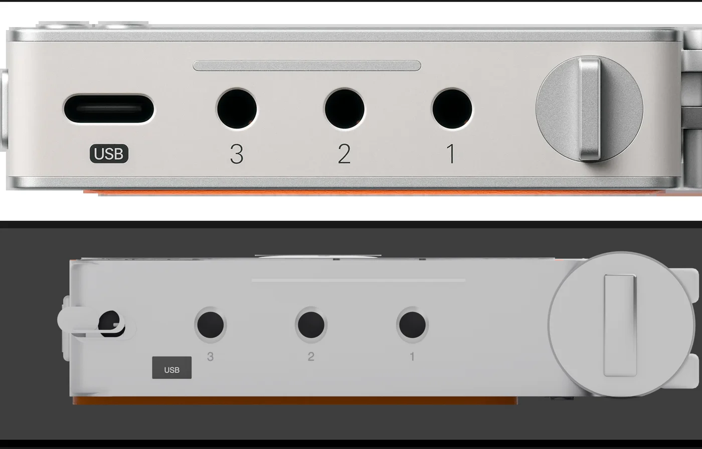 Два кадра торца диктофона друг над другом: сверху фотография с разъёмом USB-C, тремя отверстиями с цифрами 3, 2, 1 и колёсиком справа, снизу рендер того же торца с теми же элементами на тех же местах.